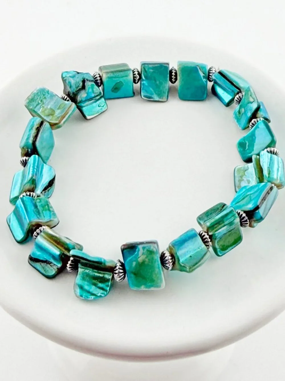 Boho Teal Abalone Shell Nugget Stretch Bracelet - Iridescent Ocean Blue